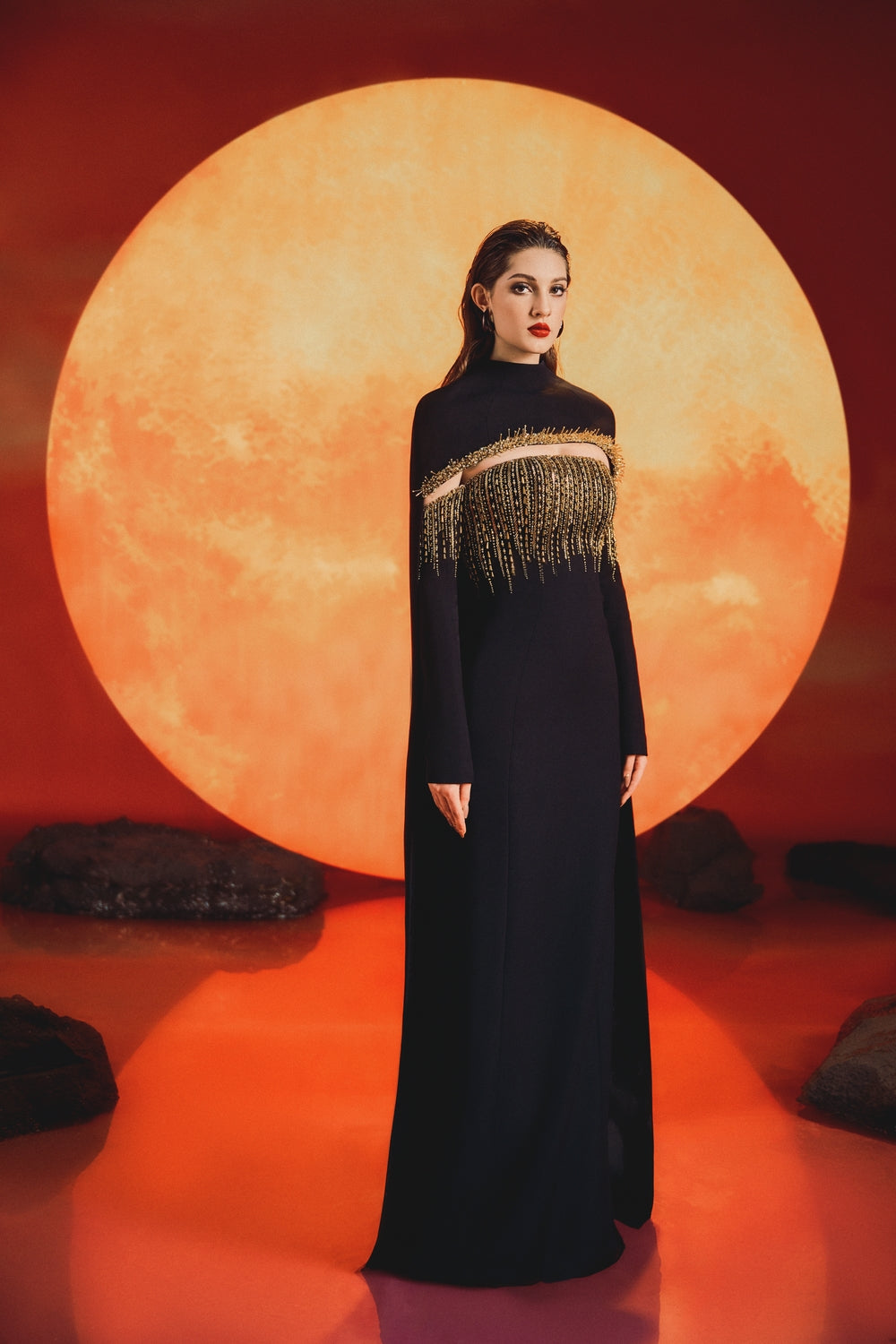 Long Back Curved Cape With Off-Shoulder Long Sleeve Dress Set