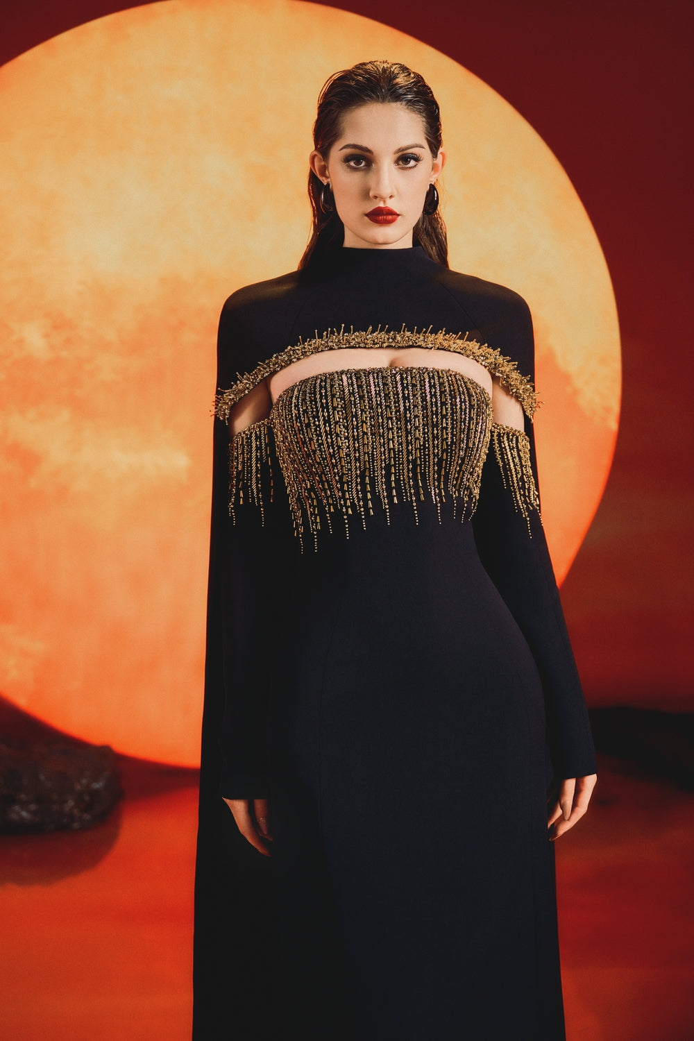 Long Back Curved Cape With Off-Shoulder Long Sleeve Dress Set