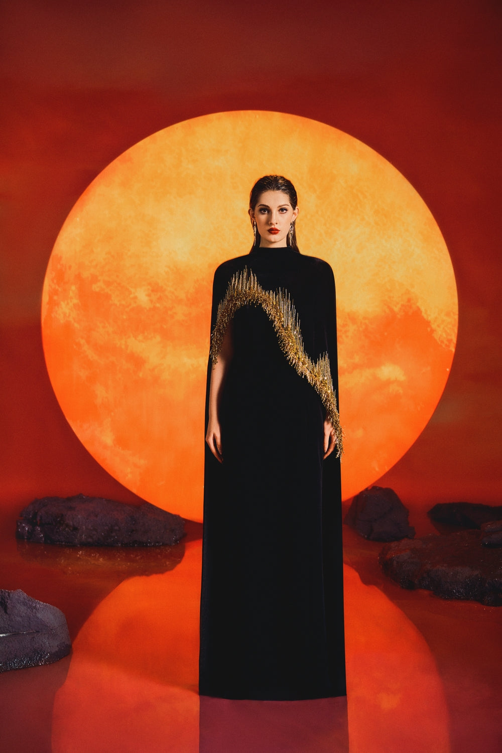 Diagonal High Neck Cape With Strapless Dress Set