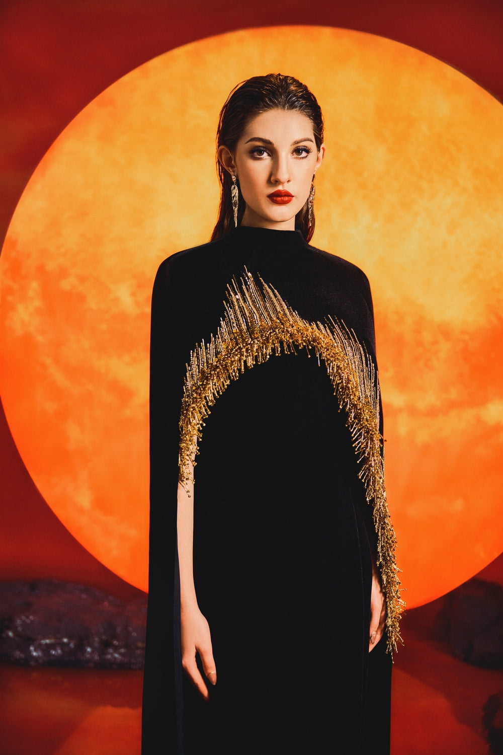 Diagonal High Neck Cape With Strapless Dress Set