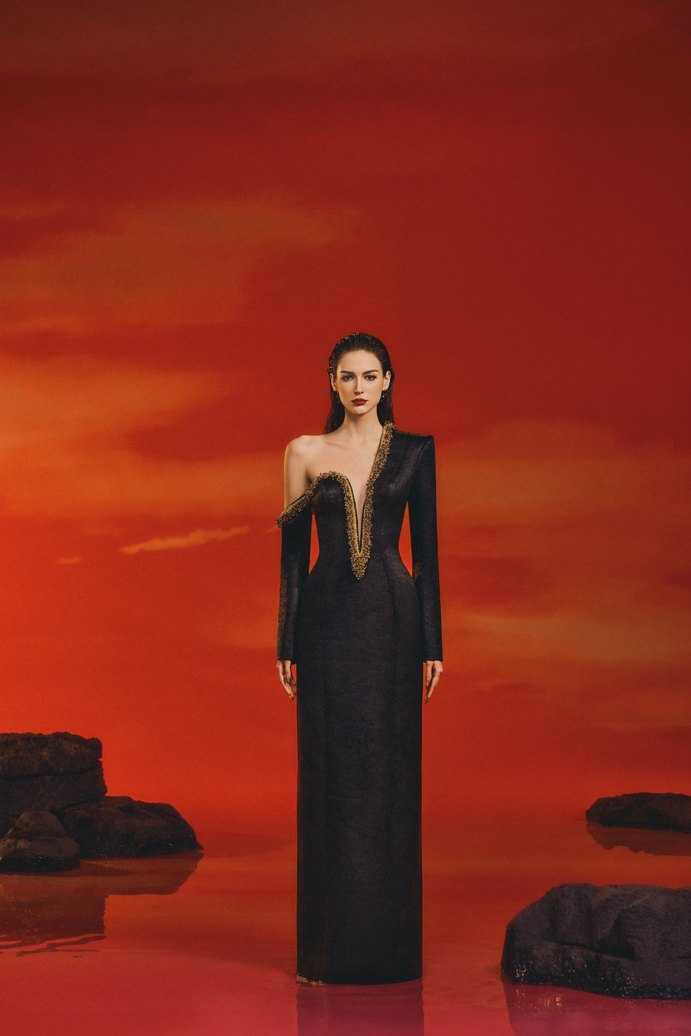 Asymmetric Shoulder Golden Chest Dress