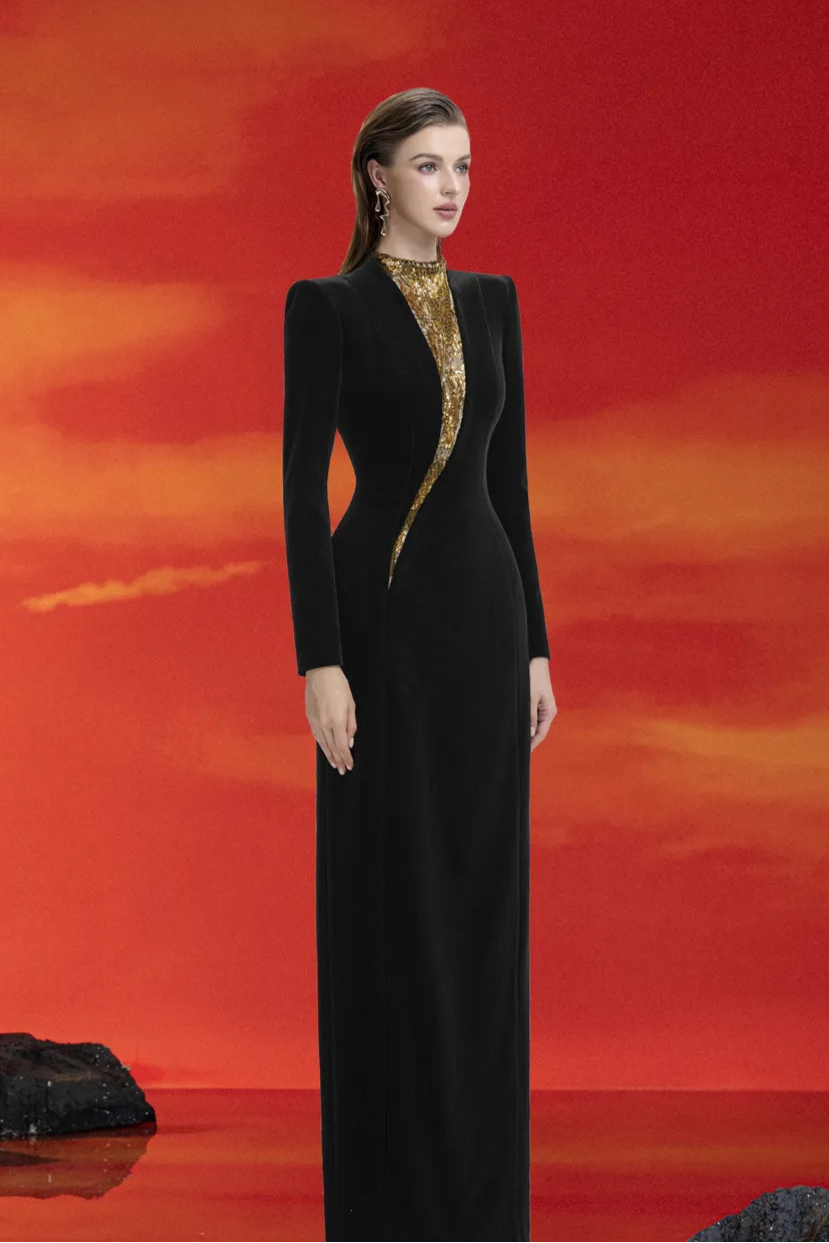 Flowing Golden Bead Long Sleeve Dress – LUNE DE SOIE Flowing Golden Bead Long Sleeve Dress – LUNE DE SOIE
