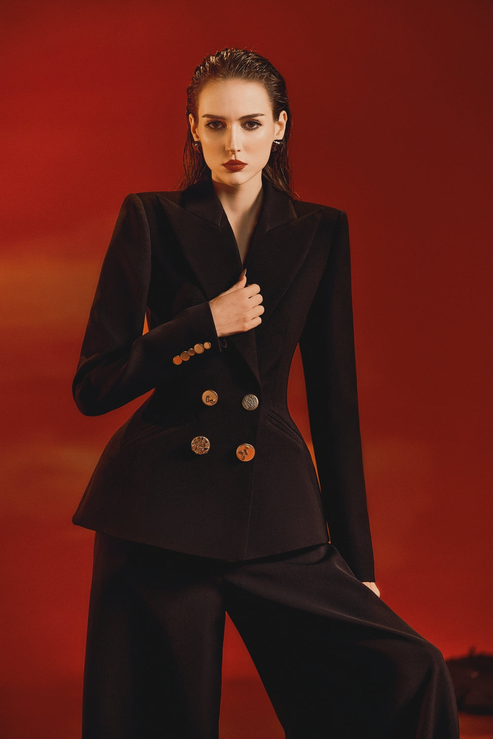 Peak Lapel Pegged Blazer With Wide Straight Pants Set