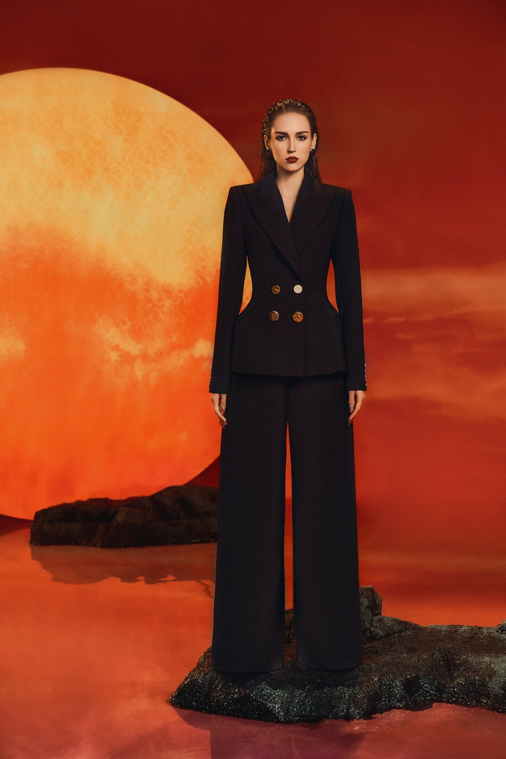 Peak Lapel Pegged Blazer With Wide Straight Pants Set
