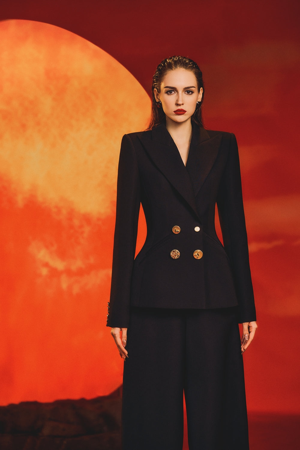 Peak Lapel Pegged Blazer With Wide Straight Pants Set