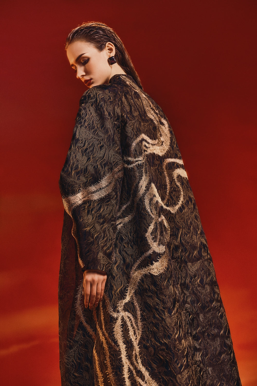 Golden Wave Long Sleeve Coat With Straight Dress Set