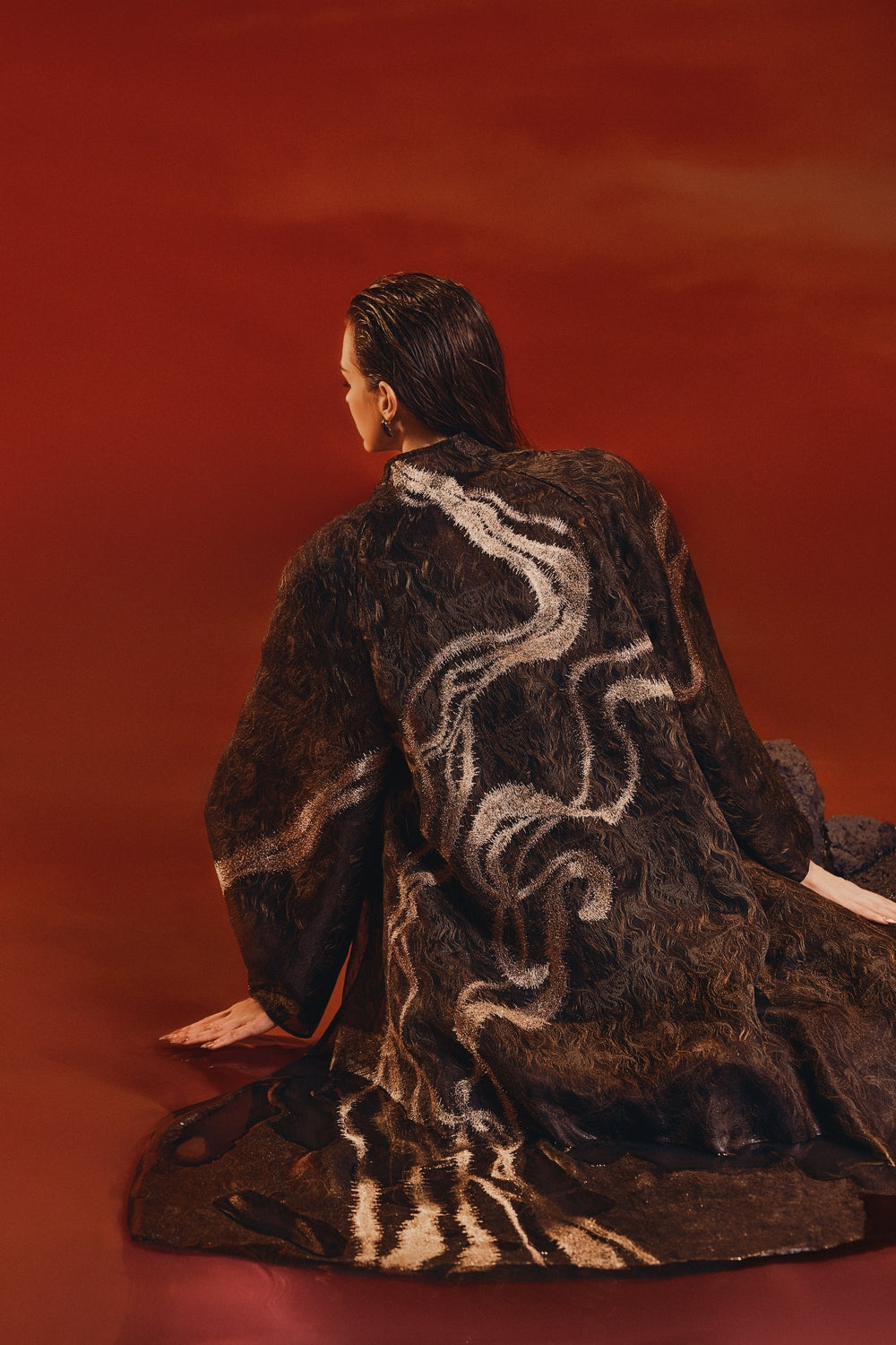 Golden Wave Long Sleeve Coat With Straight Dress Set