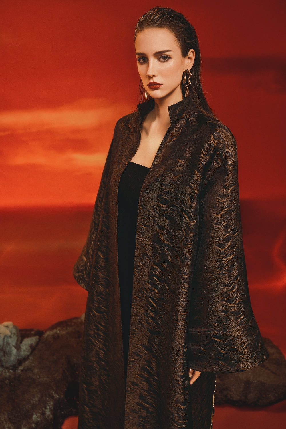 Wide Long Sleeve Coat With Strapless Straight Dress Set