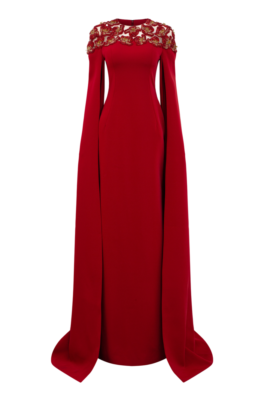 Long Sleeves Cape Floral Embellished Dress