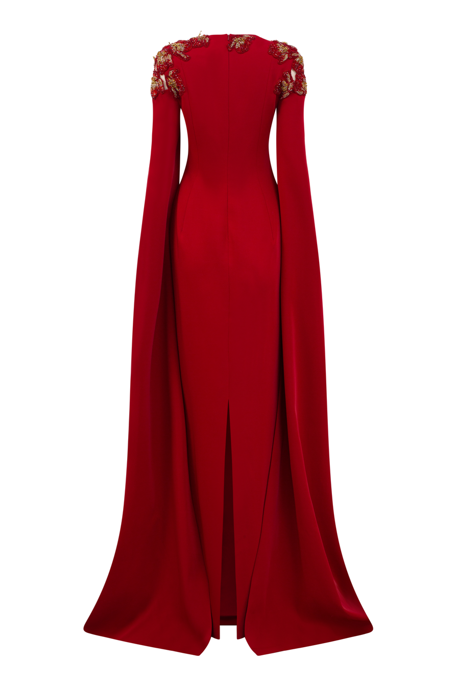 Long Sleeves Cape Floral Embellished Dress