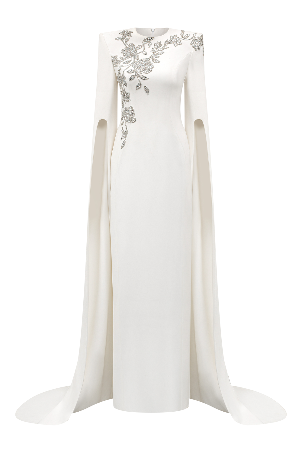 Long Cape Sleeves With Crystal Embellished Dress