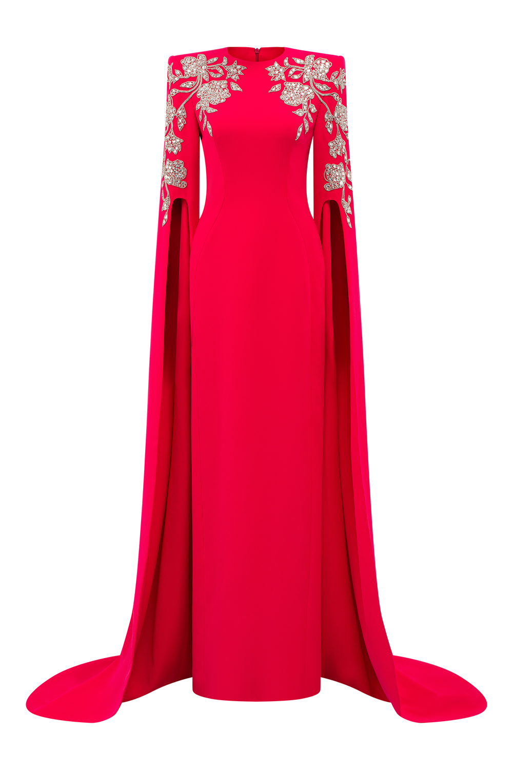 Symmetric Floral Embellished Cape Sleeves Dress