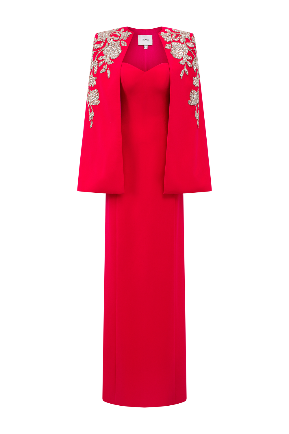 Symmetric Floral Embellished Cape And Strapless Heart Chestline Straight Dress Set