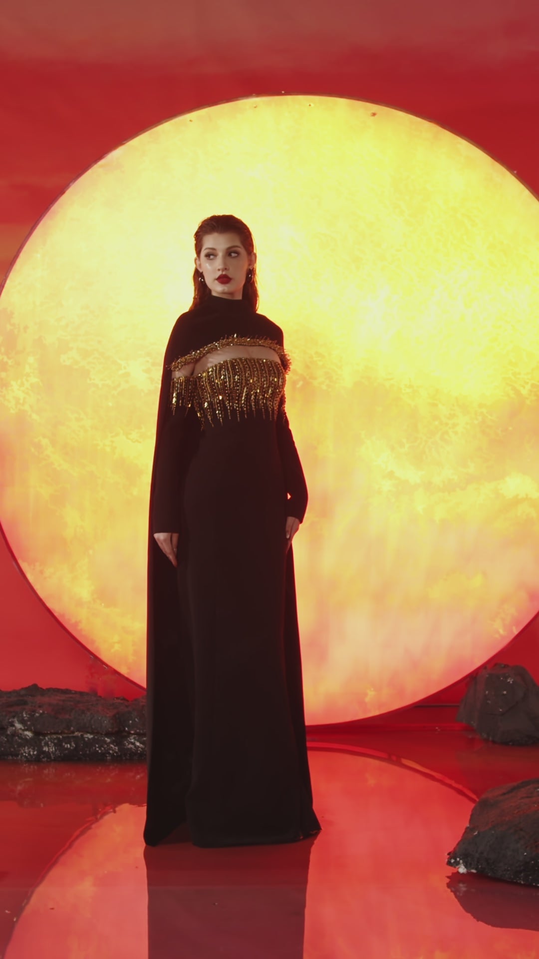 Long Back Curved Cape With Off-Shoulder Long Sleeve Dress Set