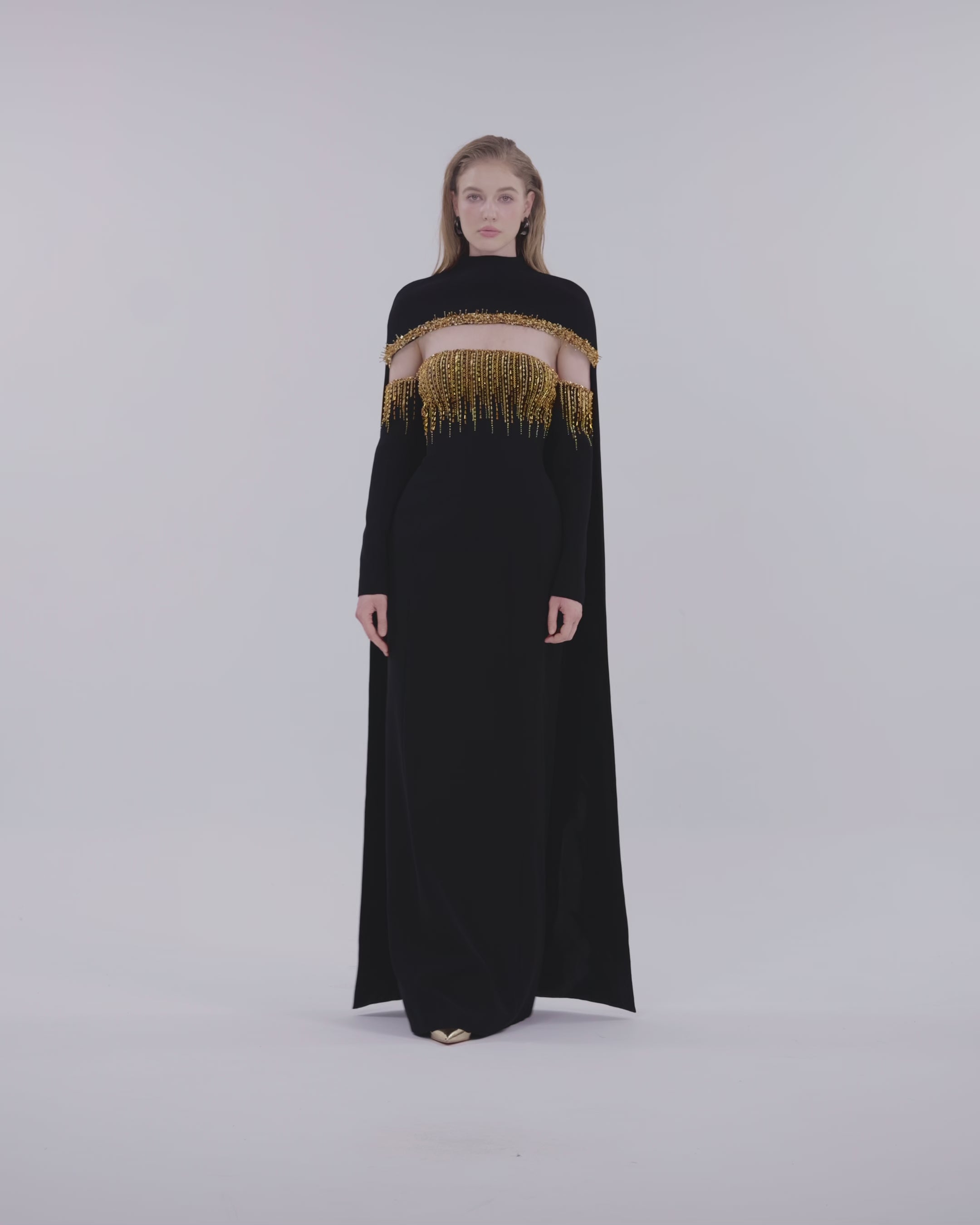 Long Back Curved Cape With Off-Shoulder Long Sleeve Dress Set