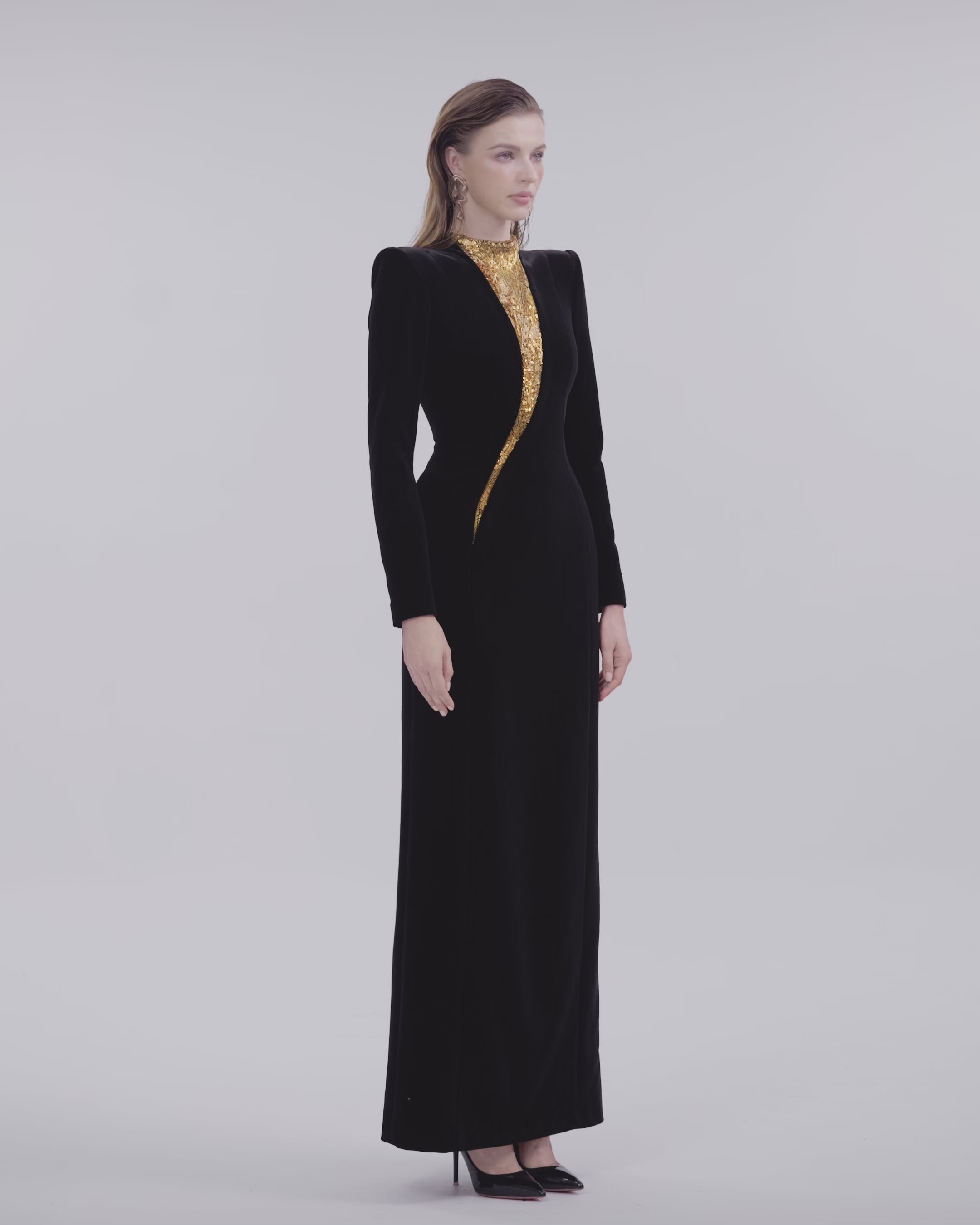 Flowing Golden Bead Long Sleeve Dress